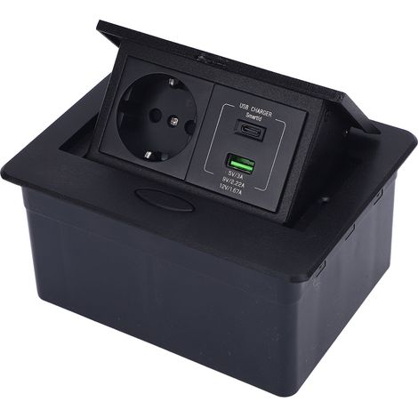 Boîtier de prise de sol encastré étanche en alliage d'aluminium, kit de prise plate à 2 broches avec ports USB et secteur PD 20 W, noir (1/5)