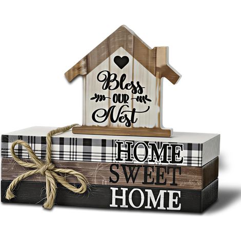 Lot de 4 livres décoratifs avec motif « Home Sweet Home » - Décoration en bois pour salon - Faux livres durables - Décoration polyvalente - Peu encombrant - Pour étagère et table (1/5)