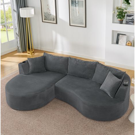 Divano 3 posti grigio in tessuto a coste con chaise longue sinistra, portabicchieri e cuscini (1/5)