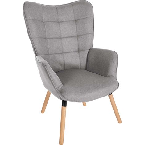 Sillón de lectura para salón dormitorio acolchado, tapizado en tela gris, patas de madera 100003621
