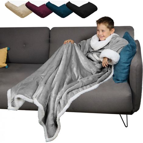 Plaid intégral avec manches et poche – 120 x 160 cm – Double face sherpa et flanelle – Enfant – Gris – Lavable en machine à 30° – Vivezen (1/5)