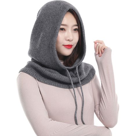 Cagoule d'hiver, masque tricoté, cagoule de ski, bonnet unisexe, capuche tricotée, écharpe, protection auditive, protection pour le cou, rembourrée pour plus de chaleur, gris foncé, 50 x 30 cm (1/4)