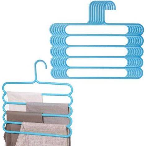 Lot de 8 cintres à 5 couches pour pantalons, cintres à pantalons multicouches, organiseur de rangement en plastique antidérapant pour pantalons, jeans, pantalons, cravates, chaussettes, écharpe (bleu) (1/5)