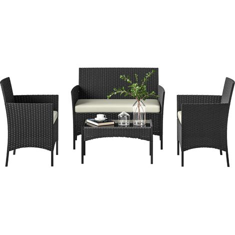 Canapé jardin ratan synthétique noir crème avec table verre trempé et coussins 6 places (1/5)