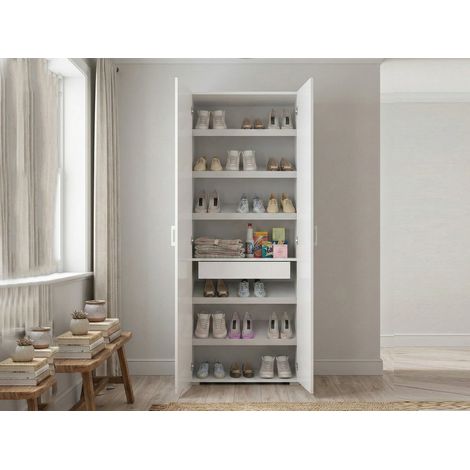 Dmora - Armadio multiuso Angy, Mobile lineare a 2 Ante battenti, Guardaroba a 6 ripiani, Scarpiera moderna, 100% Made in Italy, 72x37h195 cm, Bianco (1/5)