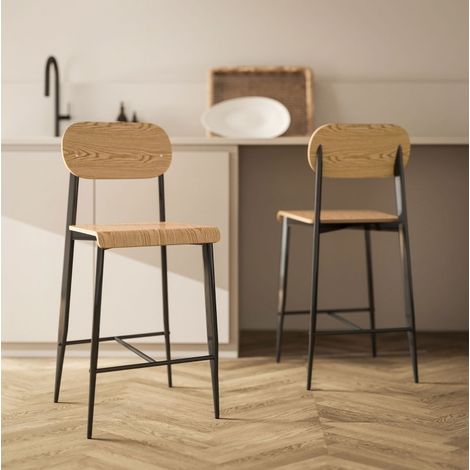 Lot de 2 tabourets de bar 43x55x103 cm en bois naturel et métal noir, style industriel FloraGrace (1/5)