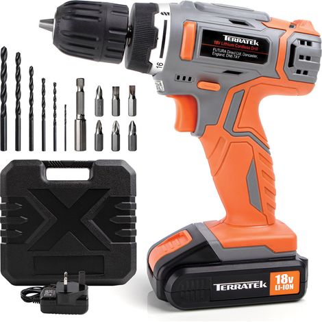 Terratek 18V Cordless Drill Driver with 1 Hour Fast Charge Lithium Battery, 13 Piece Kit and Carry Case (1/5)