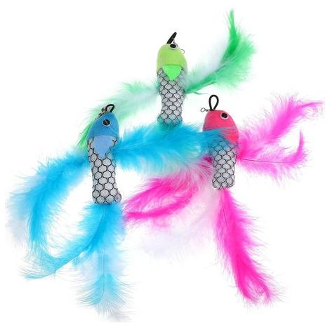 3-teiliges Plüschtier in Fischform mit künstlicher Feder und Katzenangel zum Spielen und Toben, leicht zu verstauen und gegen Langeweile, Farbe zufällig (1/5)