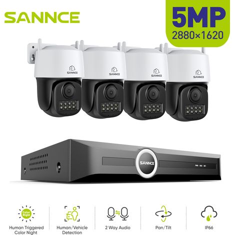 SANNCE Sistema de seguridad PoE de 4 canales y 5 MP de, cámaras IP PT, S+265, detección de personas y vehículos mediante IA, reproducción inteligente, notificaciones inteligentes con imágenes adjuntas (1/5)