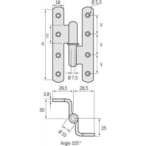 Paumelle droite menuiserie bois renforcée nœuds ronds contrecoudées à 105° lames à bouts ronds acier 160 x 80 x 100 mm - FAURE (1/3)