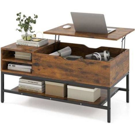 Pour ranger et travailler au salon, table basse avec plateau relevable, compartiment caché et étagères (1/5)