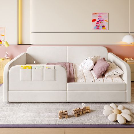 Lit enfant 90x200 cm avec 2 tiroirs à roulettes, 3 petites poches, en velours, sans matelas, blanc