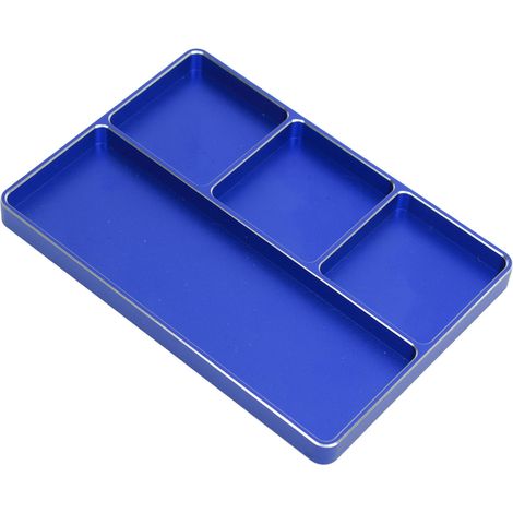 Plateau à vis de réparation RC à 4 compartiments en alliage d'aluminium avec support magnétique pour voitures et avions RC 1/10 et 1/8 (bleu). (1/5)