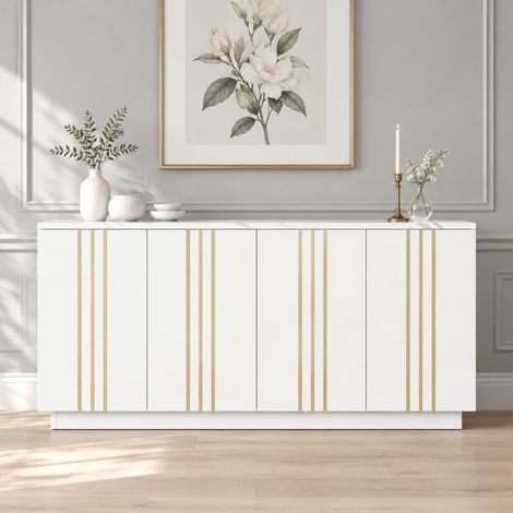 Credenza a 4 ante con ripiani regolabili, 140 x 35 x 70 cm, bianco/oro HAVRYA (1/5)
