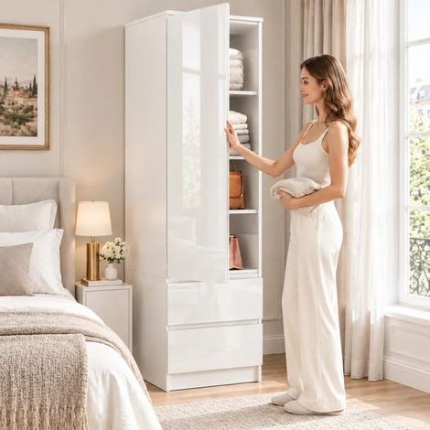 Armoire de Chambre 180 cm, 1 Porte et 2 Tiroirs, Penderie avec Rangement pour Vêtements, Façade Haute Brillance, Blanc