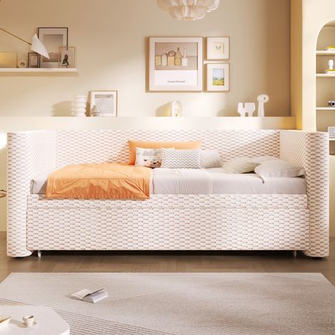 Canapé Lit 90x200cm - Convertible en 180x200cm - Tissu Velours - LED avec Application - Structure MDF - Capacité 150kg - Beige (1/5)