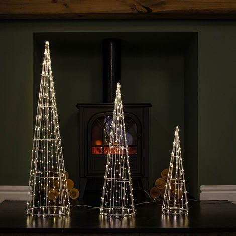Set of 3 Light up White Metal Dewdrop Christmas Cone Trees with Warm White LEDs (1/5)