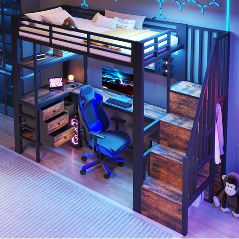 Hochbett 90x200 cm aus Metall und MDF in Schwarz mit Schreibtisch, Ablage, Schubladen, Lochwand und LED