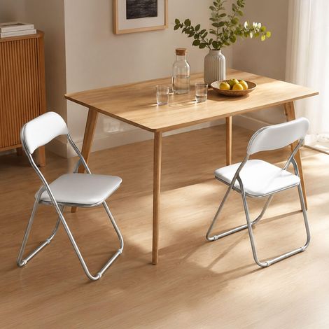 Lot de 2 chaises pliante Marbella, Fauteuil gain de place, Chaise invité, Siège de réunion en simili cuir, 43x47h80 cm, Blanc (1/5)