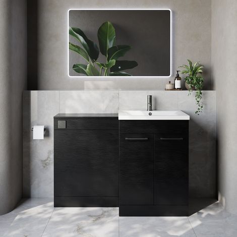 Napoli 460 Cento Nero Oak 1200mm 2 Door Vanity Unit Toilet Suite with Glide Basin - 1200mm - Gunmetal Grey 160mm HandleWithout Kingston Toilet Pan