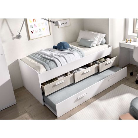 Cama compacta con cajones Soria acabado blanco/alistonado, 67.5cm(alto) 194.5cm(ancho) 95cm(largo) (1/5)