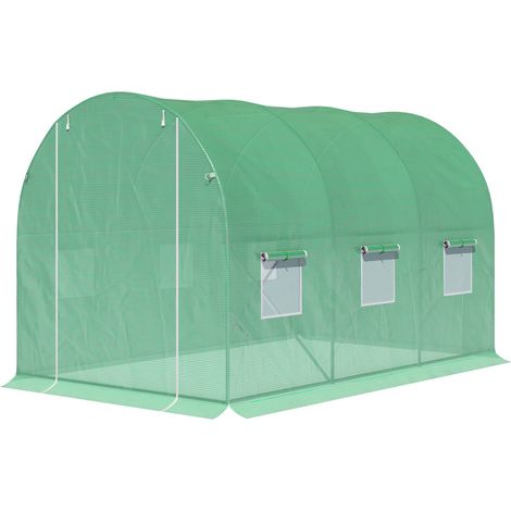 Outsunny Tunnelgewächshaus 6 m² (3 m L x 2 m B x 2 m H) Verstärkter Rohrrahmen Tür mit Reißverschluss 6 aufrollbare Fenster Grün