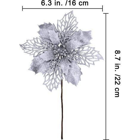 24 Stück Weihnachten Glitter Weihnachtsstern Künstliche Weihnachtsblumen Dekorationen Hochzeit Weihnachtsbaum Neujahr Ornamente (Silber) (1/5)