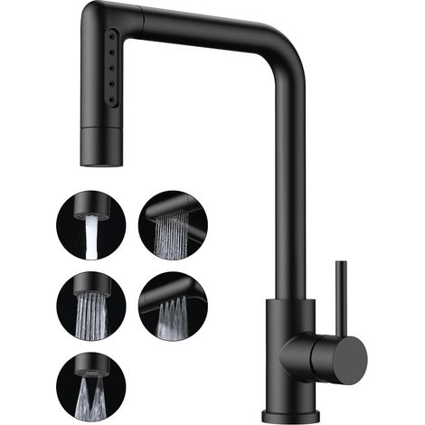 Robinet de Cuisine Cascade Noir, Rotatif à 360° Mitigeur Cuisine avec Douchette, Acier Inoxydable à Haute Pression avec Levier Unique et 3 Modes de Pulvérisation (1/5)