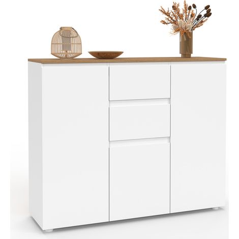 Credenza TOBY 100 cm con 3 ante, 2 cassetti bianchi e piano in legno (1/5)