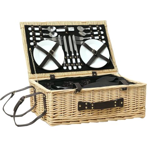 Panier de pique-nique en bois de saule, sac de pique-nique pour 4 personnes avec compartiment isotherme, couverts, bois naturel