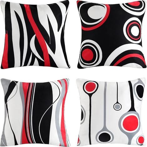 Housse de Coussin Géométrique Moderne, Abstrait, Rouge, Noir, Gris, 45x45 cm, Motif à Pois, Velours Doux pour Canapé, Salon (1/5)