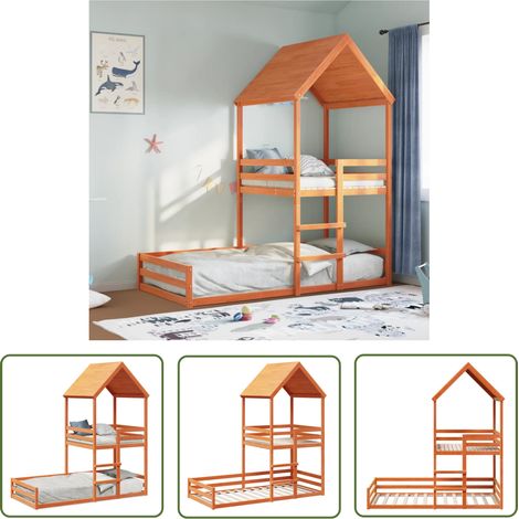 The Living Store Etagenbett mit Dach Wachsbraun 80x200 cm Massivholz Kiefer - Kinderbett - Hochbett - Etagenbett - Jugendbett - Massivholzbette (1/5)