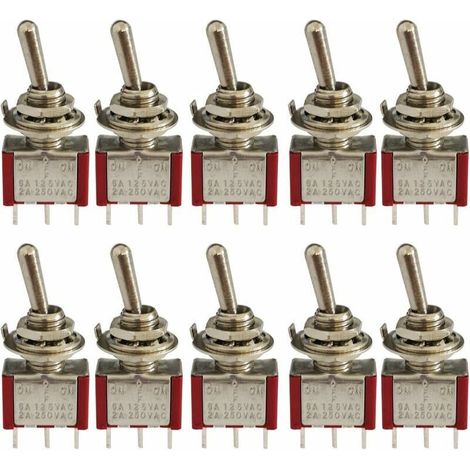 10 Pièce Mini Interrupteur à Bascule, AC 125V 6A / 250V 2A 3 Pin SPDT ON-Off-ON 3 Broches 3 Position SPDT Interrupteur a Bascule Autobloquant pour Pièces D'auto Rouge