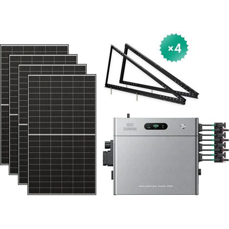 Zendure SolarFlow 2400 Pro - Batterie Solaire 2400W AC, PV 4800W, 2.4-16.8kWh, Plug & Play, IP65, avec 500Wx4 Panneau Bifacial, avec 8x supports (pour 4 panneaux)