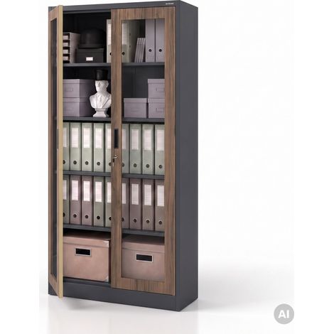 Armoire métallique avec vitrine, anthracite, noyer, 900x1850x400 mm: AMELIA Eco Design