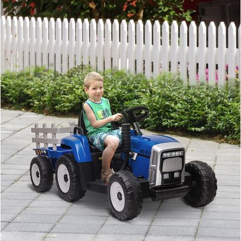 Tractor eléctrico infantil con remolque, mando a distancia, luces, 3 a 6 km/h, azul OKMYHOME (1/5)