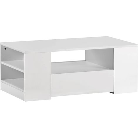 Table basse moderne haute brillance pour salon, meuble de salon avec 2 tiroirs et 2 étagères, table basse LED, table d’appoint (95 x 53 x 37 cm) (1/5)