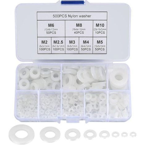 Pack de 500 rondelles plates en nylon – 8 tailles M2 à M10 – Isolation thermique et résistance à la corrosion – Boîte de rangement incluse
