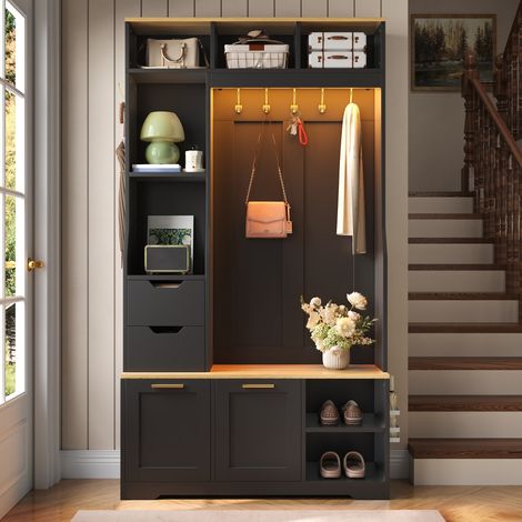 Conjunto de recibidor con banco y zapatero, almacenamiento, iluminación LED y ganchos metálicos, para pasillo y entrada, negro (1/5)