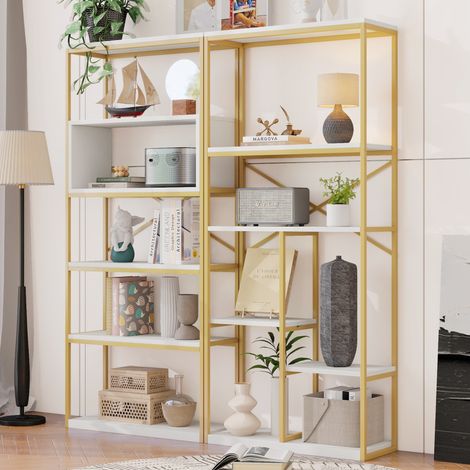 Libreria a giorno con ripiani sfalsati e rinforzo a X, 160 x 29,5 x 180 cm, MDF e acciaio (1/5)