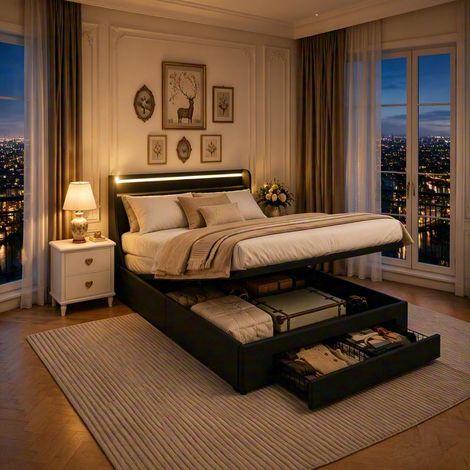 Lit coffre à tiroirs 140x200 cm – en lin gris foncé – bandeau LED – port USB – 2 tiroirs (1/5)