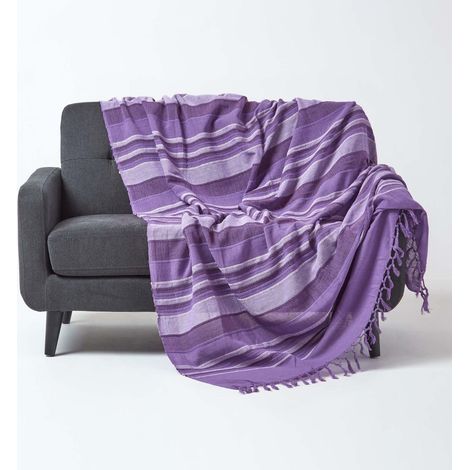 HOMESCAPES Jeté de lit ou de canapé à rayures Morocco - Violet - 150 x 200 cm