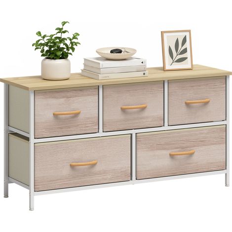 HOMCOM cómoda con 5 cajones de tela, cómoda para dormitorio, marco de metal, cajonera para salón, oficina, vestidor, natural y blanco