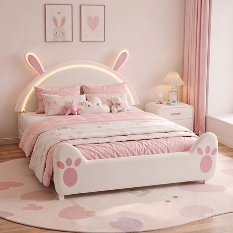 Cama infantil 140 x 200 cm, cabecero con forma de conejo e iluminación LED RGB, tapizada en terciopelo suave con somier de lamas, Blanco y rosa (1/5)