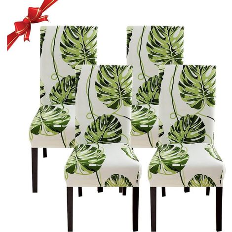 Housse de Chaise Salle à Manger Extensible 4 Pièces,Housse de Chaise Universelle Lavables,Couverture de Chaise Feuilles Beiges (1/5)