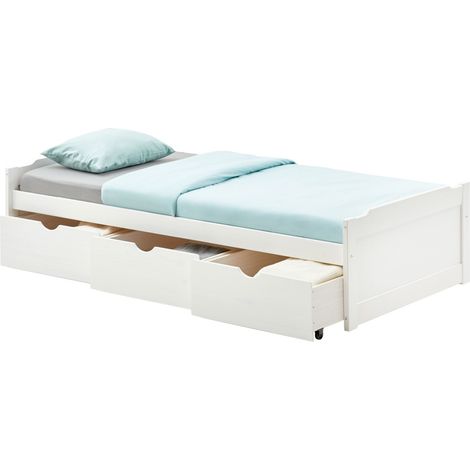 Idimex – Lit simple fonctionnel 90x190 cm – Structure en pin massif – 3 tiroirs de rangement – Bords arrondis pour sécurité (1/4)