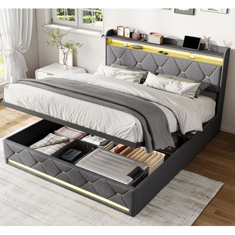 Cama canapé doble 160x200 cm en tela de lino con somier, cama de adulto con almacenaje hidráulico, cabecero tapizado con iluminación LED, estantes y puertos USB/Tipo C - Gris