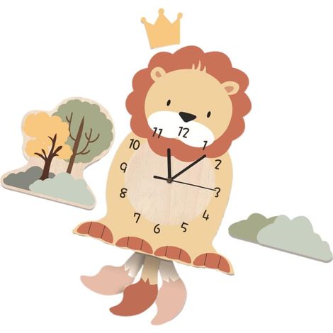 Horloge Murale Décorative en PVC Motif Lionceau, Pendule Animée pour Chambre Maternelle, Design Écologique, Format Moyen, Décoration Murale Originale pour Salon et Chambre Garçon (1/5)