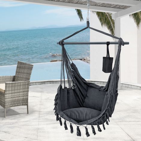 Silla colgante Aranga con cuerdas y 2 cojines 150 x 120 x 170 cm gris oscuro [en.casa] (1/5)