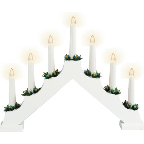 Holz Schwibbogen 39 cm mit 7 LED Kerzen und Timer - weiß - Weihnachtsdeko mit Beleuchtung - Adventsleuchter Lichterbogen Kerzenbrücke Fenster Deko Batterie betrieben